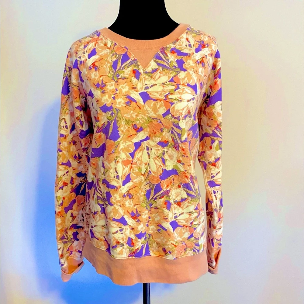J Crew Peach And Blue Floral Cotton Relaxed Fit Sweatshirt Size L